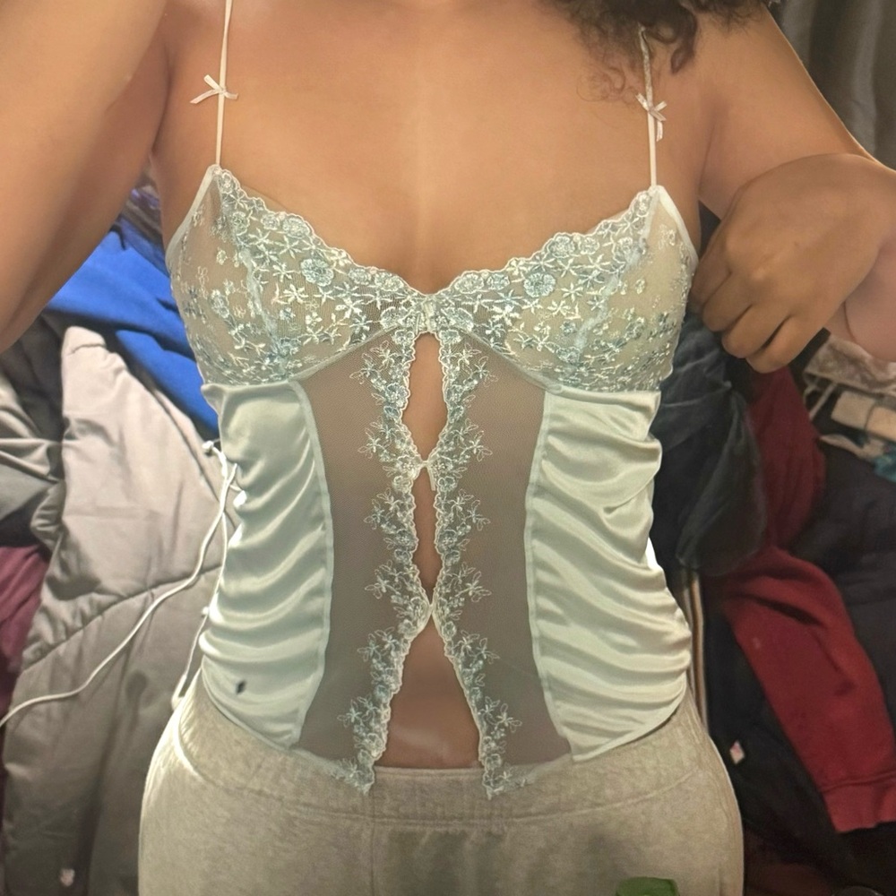 Sheer Lace Satin Camisole in Light Blue - Women's Cami Tops